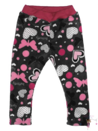 Téli leggings lányoknak, wellsoft anyagú, szürke alapon pink pillangós és szíves, kislányoknak, termékkép.