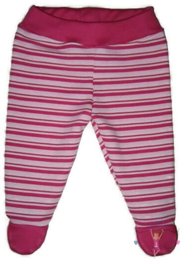 lábfejes baba nadrág, pink-fehér-rózsaszín csíkos, pink derékkal és talppal, termékkép.