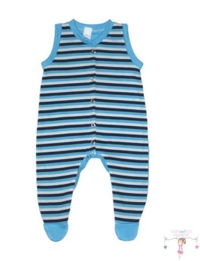 Kisfiús ujjatlan rugdalózó, sötétkék-türkizkék-fehér csíkos pocak, türkizkék talppal és szegőkkel, elöl végig patentos fazonú, termékkép.