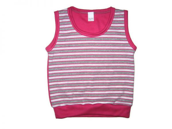 Pamut baba mellény 50-146, pink-fehér-szürke csíkos, pink színnel kombinálva, kerek nyakú, vállnál patentos, termékkép.