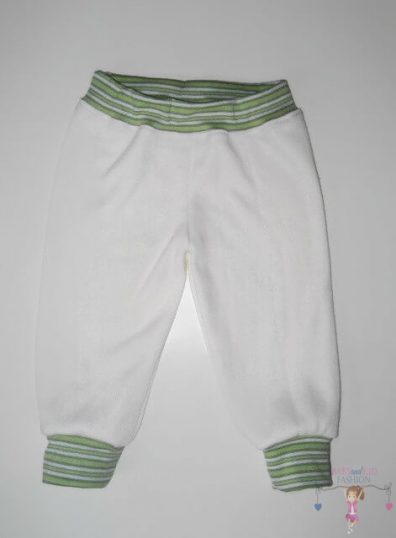 baba nadrág, hosszú szárú, vajszínű, zöld csíkos passzékkal és térdfolttal, termékkép.