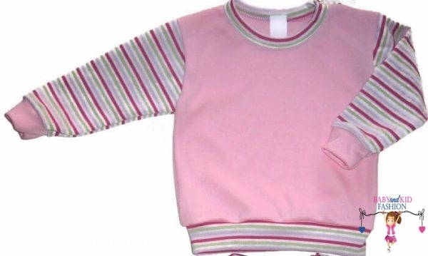 Baba pulcsi lányos 50-146-ig, rózsaszín színű, pink-fehér-kiwi-rózsaszín keskeny csíkos hosszú ujjal és passzékkal, vállnál patentos, termékkép.