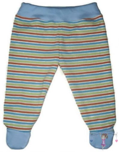 Lábfejes baba nadrág fiú, narancssárga-kiwi-fehér keskeny csíkos, világoskék derékkal és talppal, termékkép.