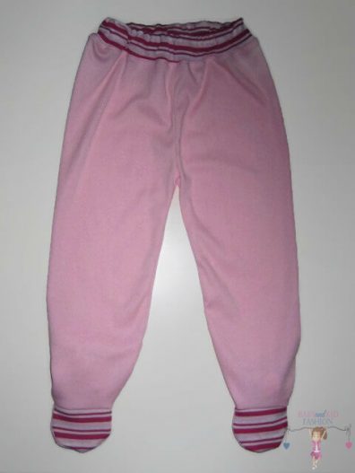 Lábfejes baba nadrág, rózsaszín, rózsaszín csíkos talppal és derékkal, kislányoknak, termékkép.