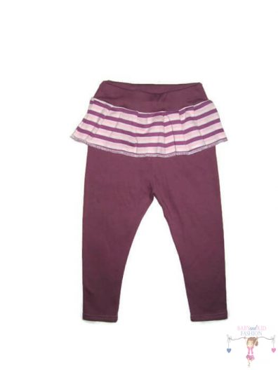 Baba leggings kislányoknak, lila színű, hosszú szárú, lila csíkos fodorral, termékkép.