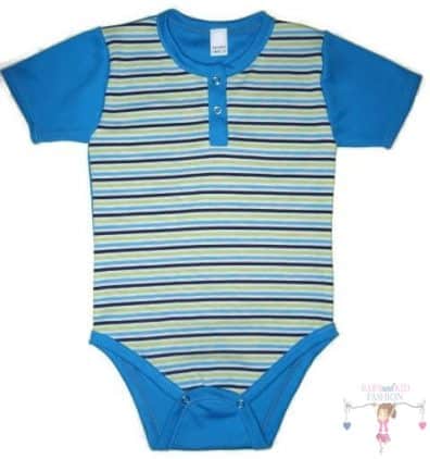 Kisfiúknak gyerek kombidressz, türkizkék-fehér-kiwi keskeny csíkos pocak, türkizkék rövid ujjal, termékkép.