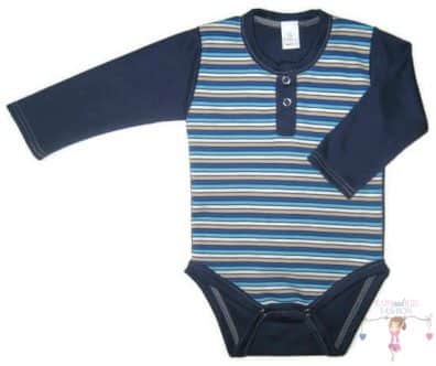 Fiú baba body pamutból, sötétkék-szürke-fehér keskeny csíkos pocak, sötétkék ujjal, termékkép.