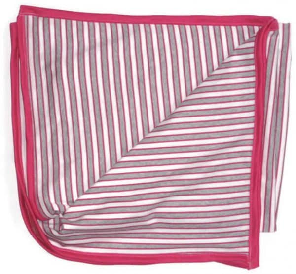 Pamut babatakaró lányos 90x140. Színe: pink-szürke-fehér csíkos, pink szegővel, termékkép.
