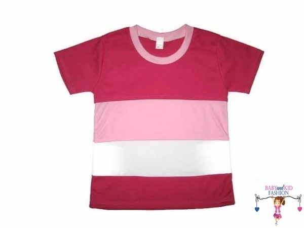 Kislány rövid ujjú póló, 3 színű póló, fentről lefelé haladva, pink, rózsaszín, fehér, pink színek, pink rövid ujjal, termékkép.