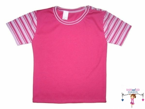 Gyerek póló kislánynak, pink színű pocak, pink csíkos rövid ujjal, csíkos kerek nyakkal, termékkép.