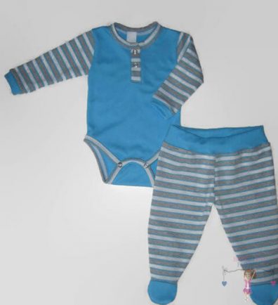 Baba body és lábfejes babanadrág, kék színben, két darabos szett, kisbabáknak, termékkép.