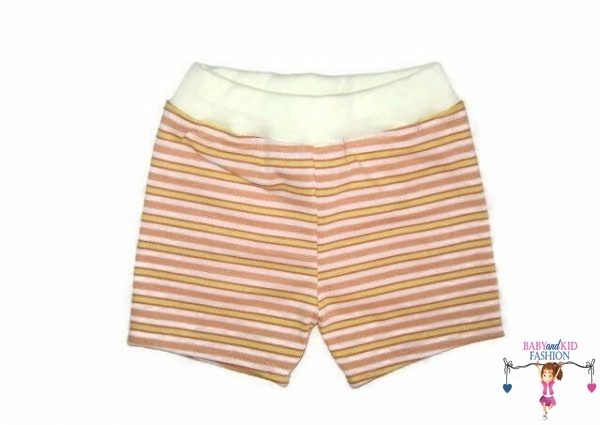 Pamut rövid nadrág gyerekeknek, sárga-vajszín-barack csíkos, sárga színű derékkal, termékkép.