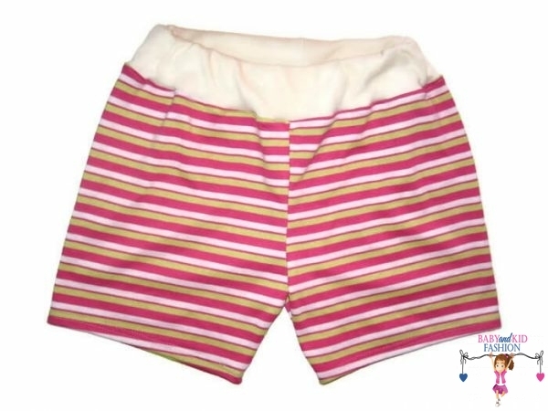 Kislányos rövid nadrág, pink-kiwi-fehér széles csíkos, vajszínű puha gumis derékkal, termékkép.