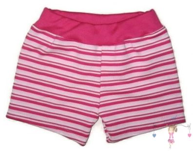 Pamut rövidnadrág kislányos, pink-rózsaszín-fehér csíkos, pink színű puha gumis derékpasszéval, termékkép.