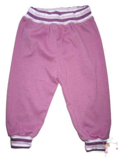 Kislány baba nadrág, sötétlila színű, lila csíkos passzékkal, termékkép.