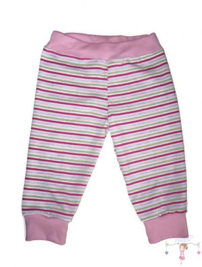 Baba nadrág lánynak, pink-rózsaszín-kiwi keskeny csíkos rózsaszín színű passzékkal, termékkép.