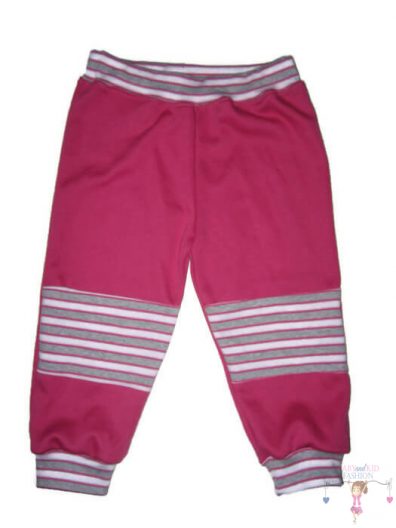 Baba nadrág kislány, pink színű naci, pink-fehér-szürke széles csíkos passzékkal és csíkos térdfolttal, termékkép.