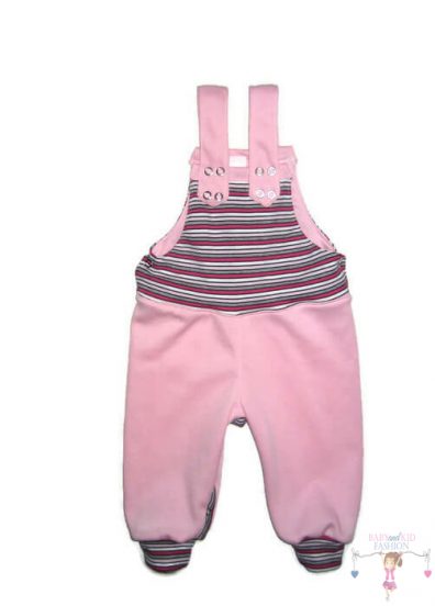 Gyerek kertésznadrág, pocak része pink-szürke-fehér csíkos, nadrág része rózsaszín, hosszú szárú kantáros nadrág, termékkép.