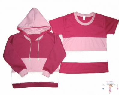 lányka pulcsi és lányka póló, két részes, pink-rózsaszín-fehér színek variációjából készült, kapucnis pulcsi és ugyanilyen szín ősszeállítású rövid ujjú póló, termékkép.