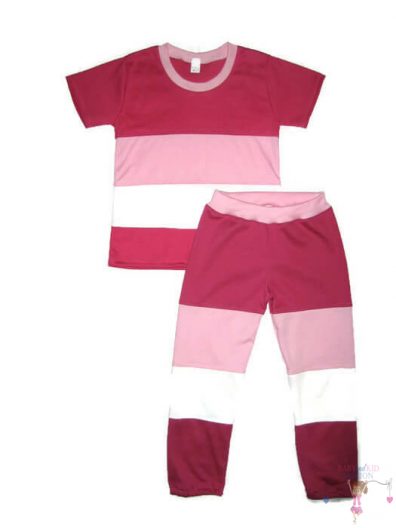 lányka szett, két részes póló és hosszú nadrág variációja, pink, rózsaszín, fehér színek variációjából készült, kislányoknak, termékkép.