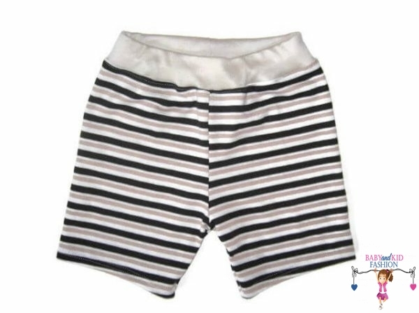 Pamut baba rövid nadrág, sötétbarna-drapp-fehér csíkos, drapp derékpasszéval, termékkép.