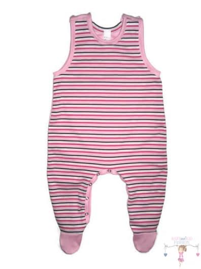 ujjatlan rugdalózó kislányoknak, pink-rózsaszín-fehér-fekete keskeny csíkos pocak, rózsaszín szegőkkel és talppal, ujjatlan fazonú, vállnál és lábközépen patentos, termékkép.