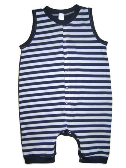 Kisfiú napozó babának, sötétkék-fehér széles csíkos ujjatlan napozó, elöl végig patentos, rövid szárú fazon, termékkép.