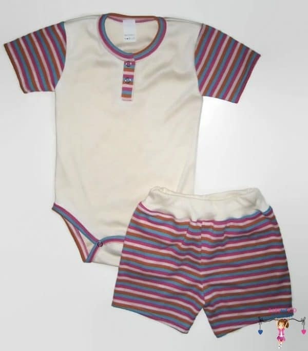 Nyári szettek kislányoknak, vajszínű pocakos body, pink-fehér-türkizkék csíkos rövid ujjal és színben illő csíkos rövid nadrággal, termékkép.