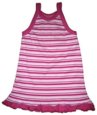 Kislány ruha szabásminta, huncut megoldásokkal és újrahasznosítással, pink-fehér csíkos fodros, spagetti pántos kislány ruha, kép.
