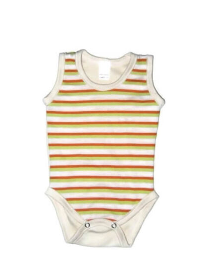 Gyerek body ujjatlan pamut, kiwi-fehér-narancssárga csíkos pocakos body, vajszínnel variálva, ujjatlan fazonú, kerek nyakú, termékkép.