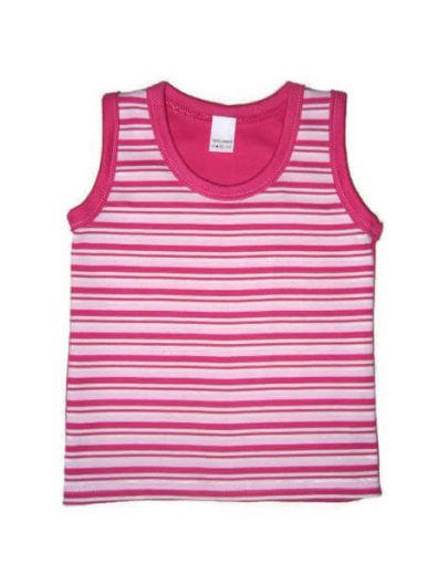 Gyerek ujjatlan póló, pink-fehér-rózsaszín csíkos pocak, pink szegőkkel, ujjatlan fazonú, termékkép.
