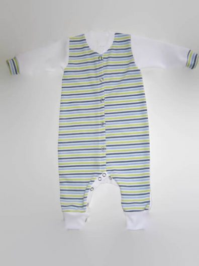 Gyermek kezeslábas pizsama 50-146, kiwi-fehér-farmerkék csíkos, fehér színnel kombinálva, hosszú ujjú, alul lábszárnál passzés, termékkép.