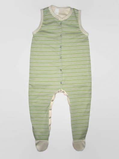 Ujjatlan rugdalózó uniszex, zöld csíkos, vajszínnel kombinálva, ujjatlan, elöl végig patentos, talpas fazon, termékkép.