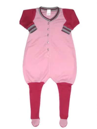 Tipegő hálózsák lányos, rózsaszín pocak, pink hosszú ujjal és pink kamáslival, felvarrt rózsaszín talppal, pink csíkos passzékkal, elöl végig patentos fazonú, termékkép.