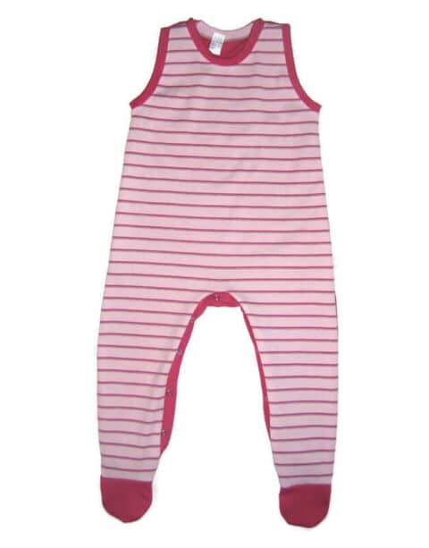 ujjatlan lány rugi, rózsaszín-szürke-pink csíkos pocak, pink szegőkkel és talppal, vállnál patentos, ujjatlan fazonú, termékkép.