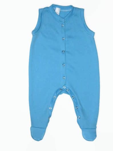 Ujjatlan rugdalózó kisfiú, türkizkék színű pocakos rugi, türkizkék szegőkkel és talppal, ujjatlan, elöl végig patentos, termékkép.