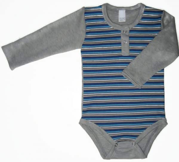 Gyerek body ujjas fiúknak, tengerkék-szürke-fehér keskeny csíkos pocak, világosszürke hosszú ujjal, termékkép.
