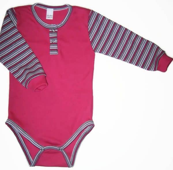 Gyerek body ujjas lányos, pink színű pocak, pink-szürke-fehér keskeny csíkos hosszú ujjal és szegőkkel, termékkép.