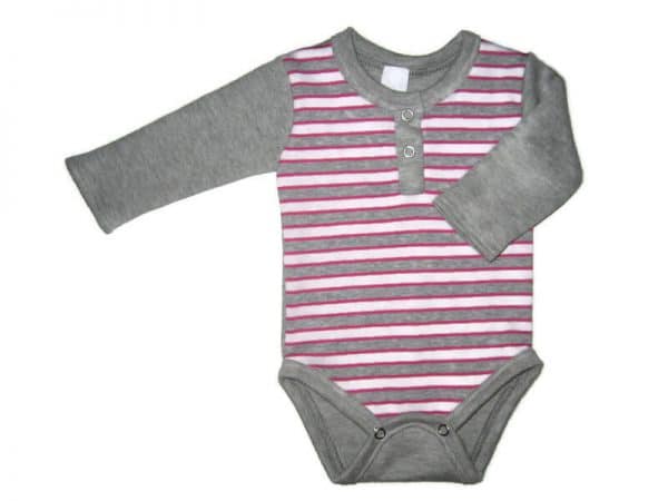 Gyerek body ujjas lány, pink-szürke-fehér széles csíkos pocak, világosszürke hosszú ujjal és szegőkkel, termékkép.