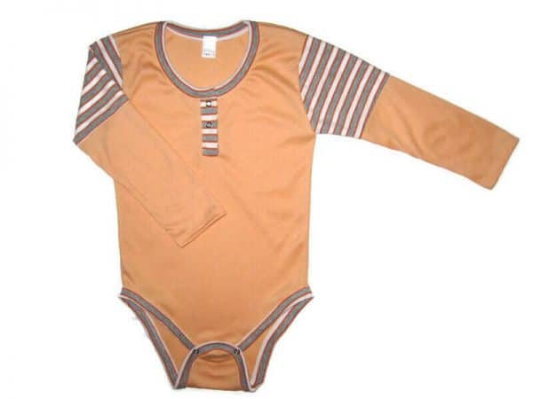 Gyerek body ujjas, barack színű, narancssárga-fehér-szürke széles csíkos hosszú, felemás ujjal, termékkép.