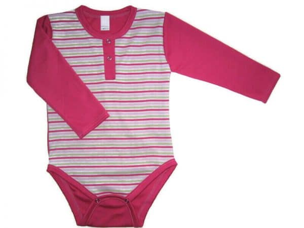 Gyerek body ujjas lányka, pink-kiwi-fehér keskeny csíkos pocak, pink hosszú ujjal és szegőkkel, termékkép.