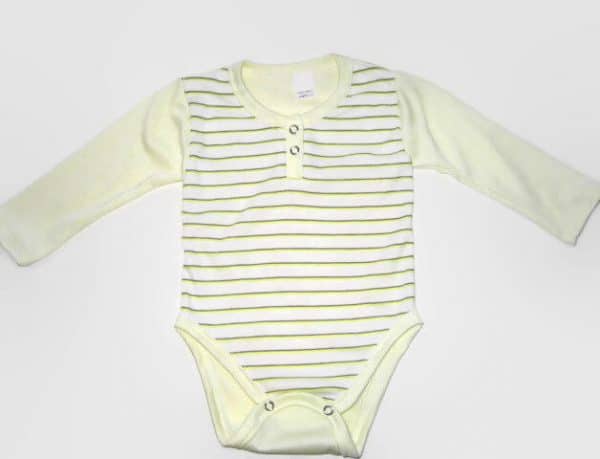 Gyerek body ujjas uniszex, sárga csíkos pocak, sárga hosszú ujjal, termékkép.