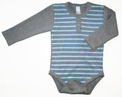 gyerek body fiúnak, türkizkék-fehér csíkos, világosszürke hosszú ujjal, termékkép.