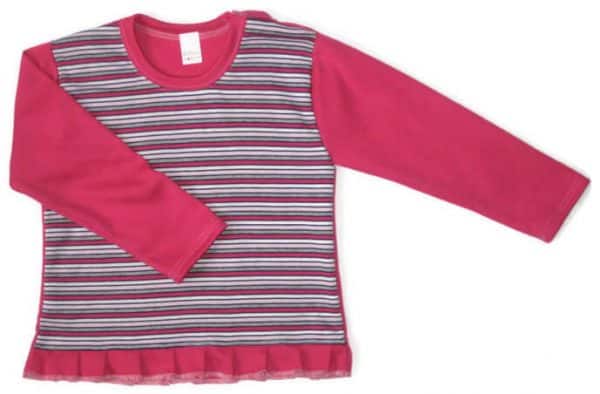 Kislány pulcsi, pink-szürke-fehér keskeny csíkos pocak, pink hosszú ujjal és nyakkal, felső alja pink fodros, termékkép.