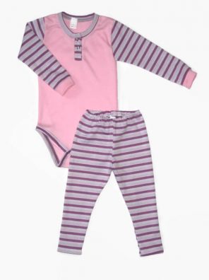 Baba body és leggings, lányka szett, rózsaszín body, lila csíkos hosszú ujjal, hozzá illő lila csíkos hosszú leggings nadrággal, termékkép.