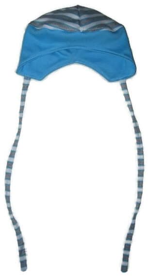 Baba sapka fiús, türkizkék-szürke-fehér széles csíkos, türkizkék színnel kombinálva, termékkép.