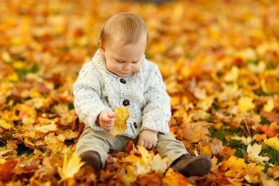 Kisgyermek fejlődése, sárga falevelek között ül egy fehér ruhás kisbaba és markolja a faleveleket, kép.