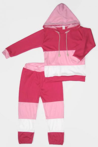 kislány szett, belül bolyhos, kislányoknak, pink-rózsaszín-fehér színek variációjából készült kapucnis szett, termékkép.