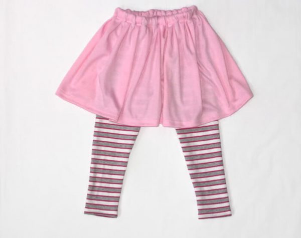 Lányka leggings szoknyás, rózsaszín szoknya, rózsaszín-szürke csíkos leggingssel összedolgozva, termékkép.