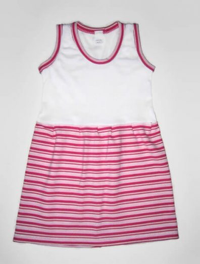 Lányos ruha nyárra pamutból, felül fehér, alul 30 centis fodor, rózsaszím-pink-fehér csíkos anyagból. Ujjatlan fazonú, felül a fehér részen ugyancsak pink csíkos szegőkkel